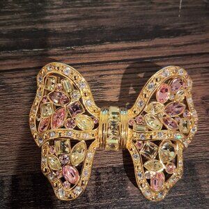 Vintage Signed Nolan Miller Crystal Butterfly Bow Brooch Pink Purple Green